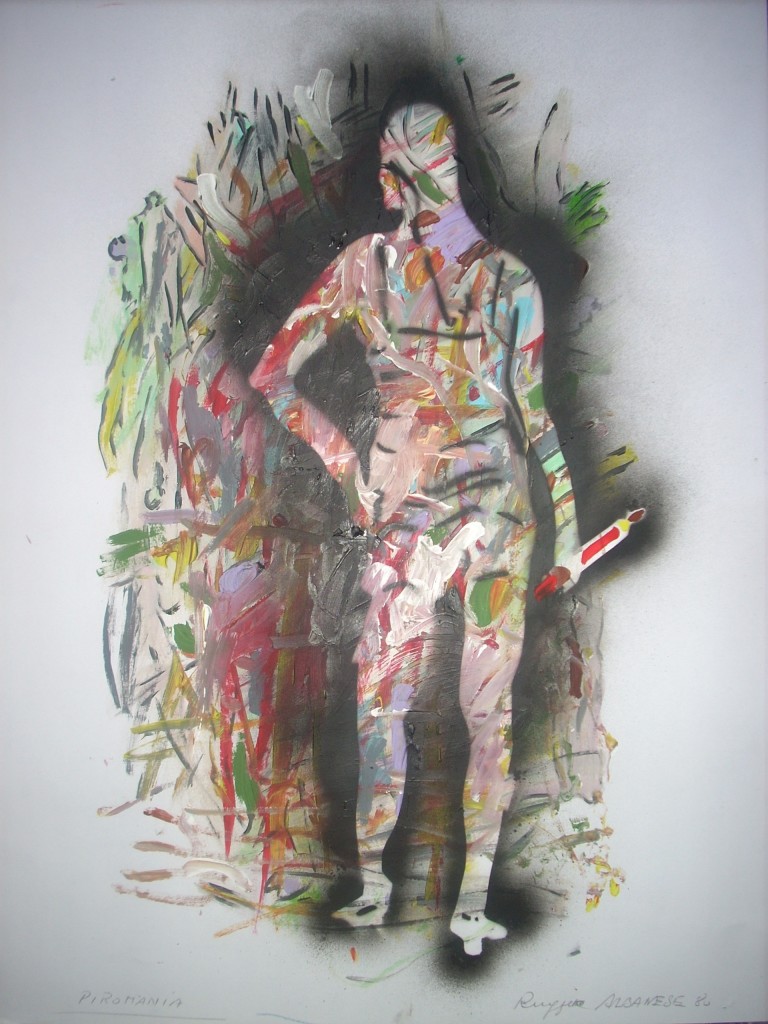 Ruggero Albanese, Piromania 1980 Acrilico su carta, cm. 50x70